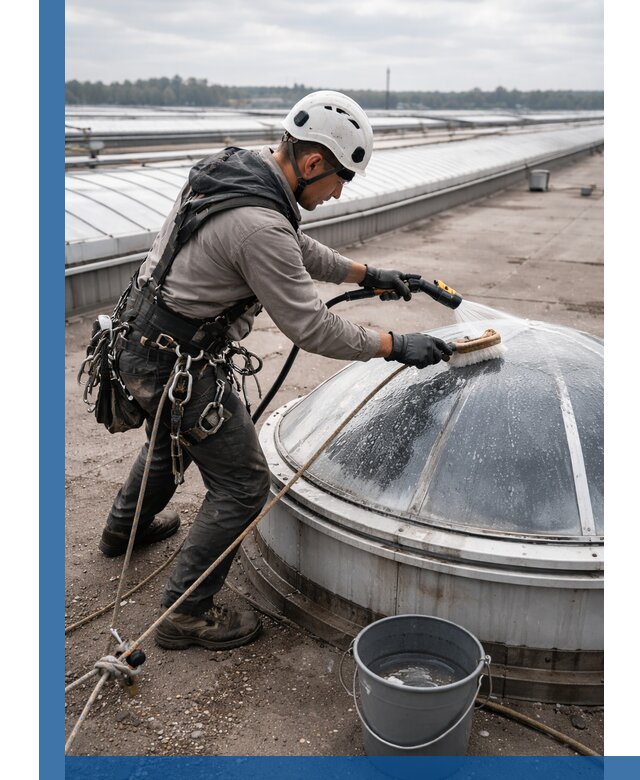 Мойка зенитных фонарей на кровле для промышленных объектов в Ефремах