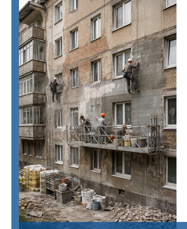 Капитальный ремонт фасада в Ефремах с восстановлением и гидроизоляцией