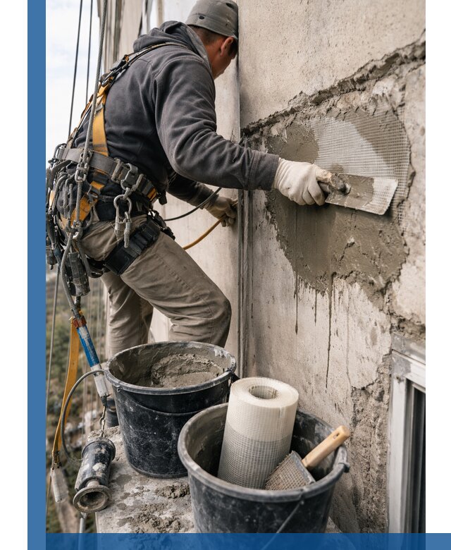 Ремонт бетонных элементов фасада промышленными альпинистами в Ефремах