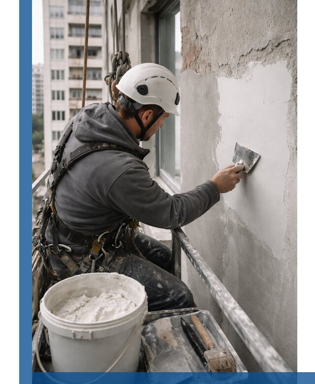 Шпаклевка фасадов на высоте с промальпинистами в Ефремах