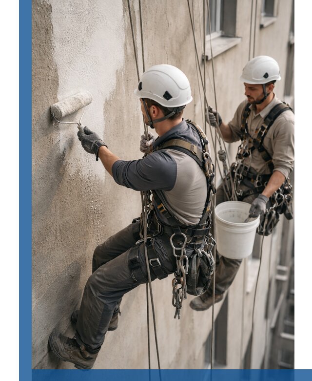 Грунтовка фасада на высоте в Ефремах промышленными альпинистами