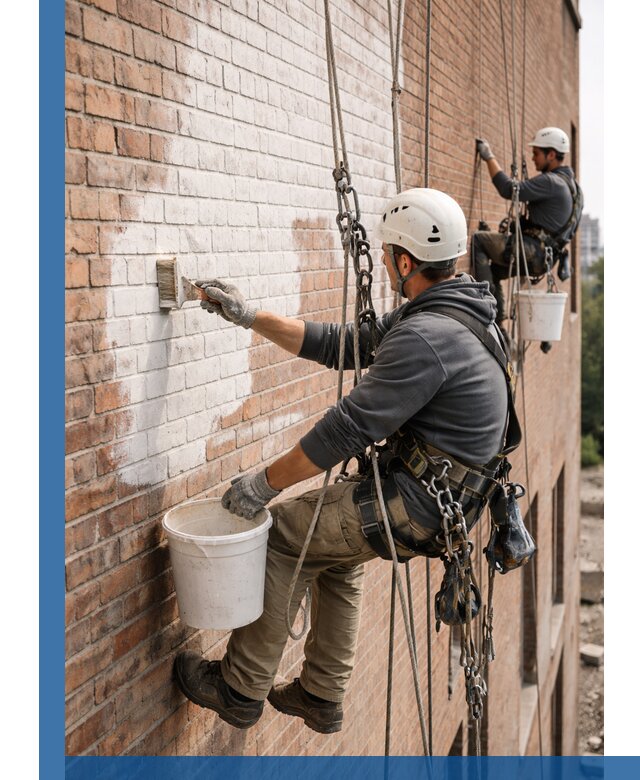 Покраска кирпичного фасада с доступным альпинистским сервисом в Ефремах