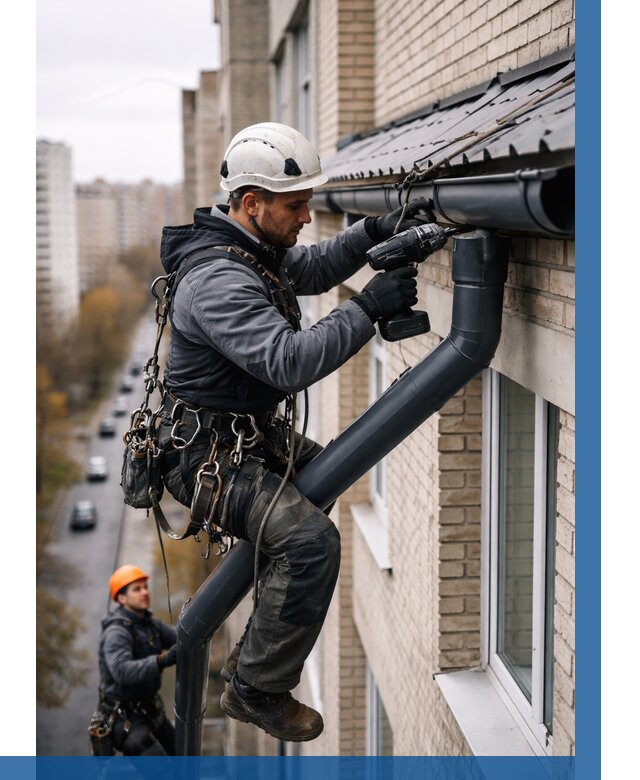 Монтаж водосточной системы на здании в Ефремах от 5123 р. | ВЫСОТНИК-Фрм