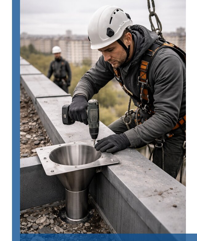 Монтаж водосточных воронок в Ефремах для промышленных зданий