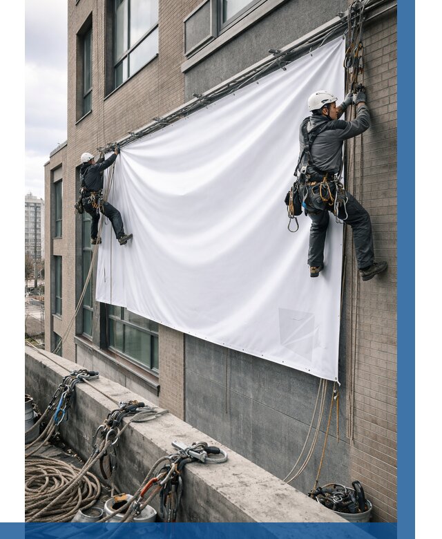 Монтаж баннеров на фасаде в Ефремах от 666 р. заказать ВЫСОТНИК-Фрм