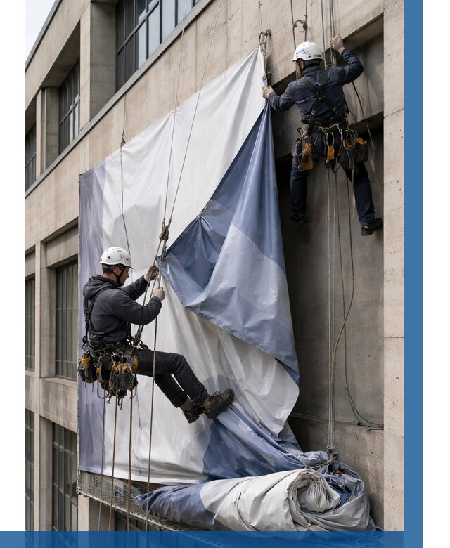 Демонтаж баннеров с фасада в Ефремах от 4610 р. | ВЫСОТНИК-Фрм