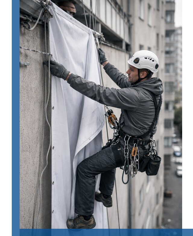 Замена баннерного полотна промышленными альпинистами в Ефремах