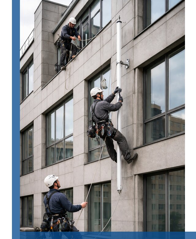 Монтаж флагштока на фасаде здания с креплением и герметикой в Ефремах