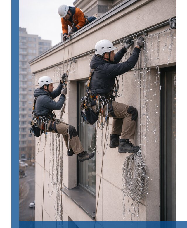 Монтаж праздничных гирлянд на фасаде в Ефремах для зданий