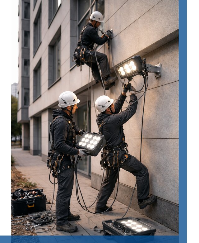 Монтаж прожекторов на фасаде в Ефремах от 7684 р. | ВЫСОТНИК-Фрм