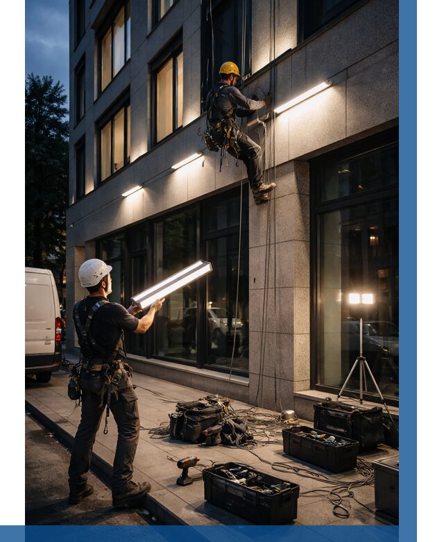 Монтаж архитектурной подсветки здания в Ефремах от 2561 р.|ВЫСОТНИК-Фрм