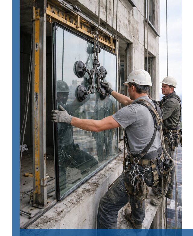 Монтаж стеклопакетов на высоте в Ефремах с промышленным альпинизмом