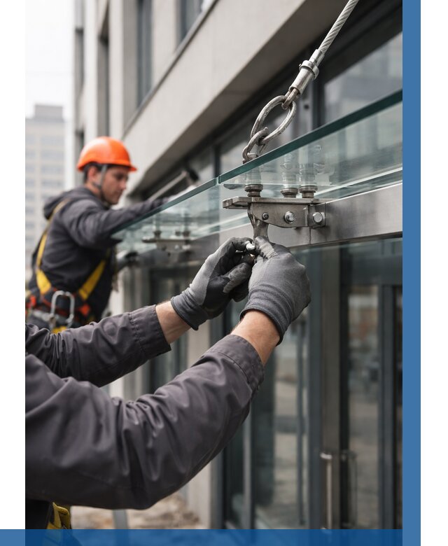 Монтаж стеклянных козырьков в Ефремах от 8708 р. | ВЫСОТНИК-Фрм