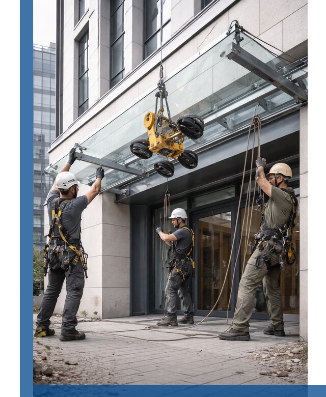 Монтаж стеклянных козырьков под ключ в Ефремах для зданий