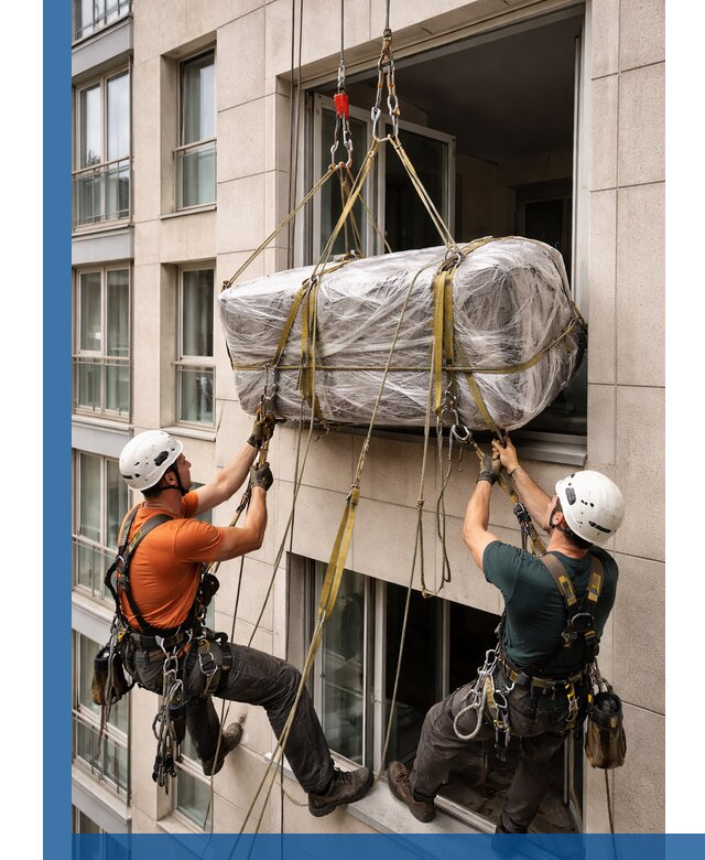 Подъем грузов через окно в Ефремах промышленными альпинистами