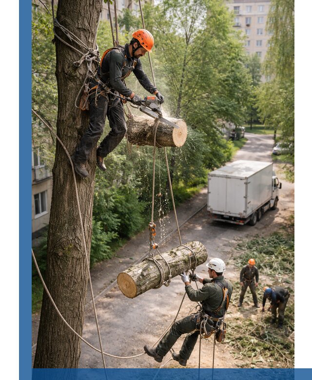 Спил деревьев альпинистами в Ефремах, безопасно и без повреждений