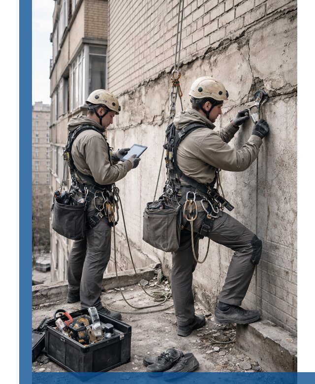 Обследование фасада промышленными альпинистами в Ефремах